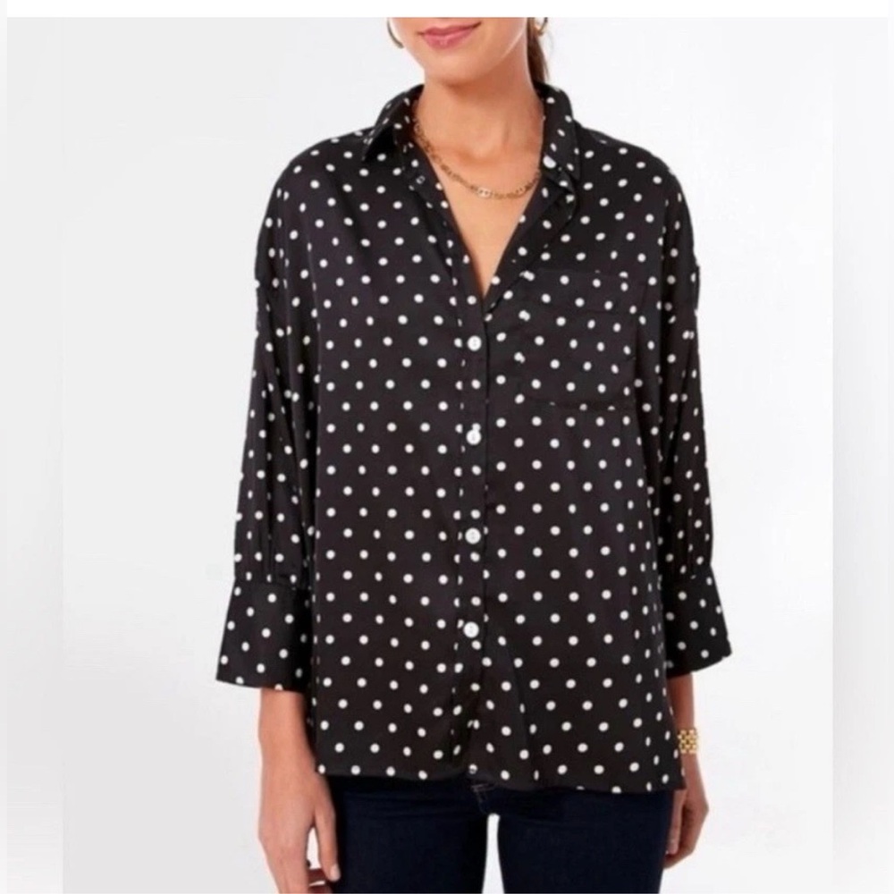 Tuckernuck Black Polka Dot Button-Up Blouse with White Dots